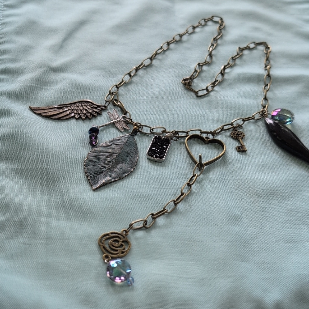 Gold Vintage-Inspired Charm Necklace with Crystal Accents